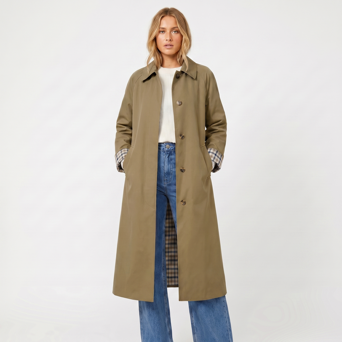 Check-Lined Single-Breasted Trench Coat