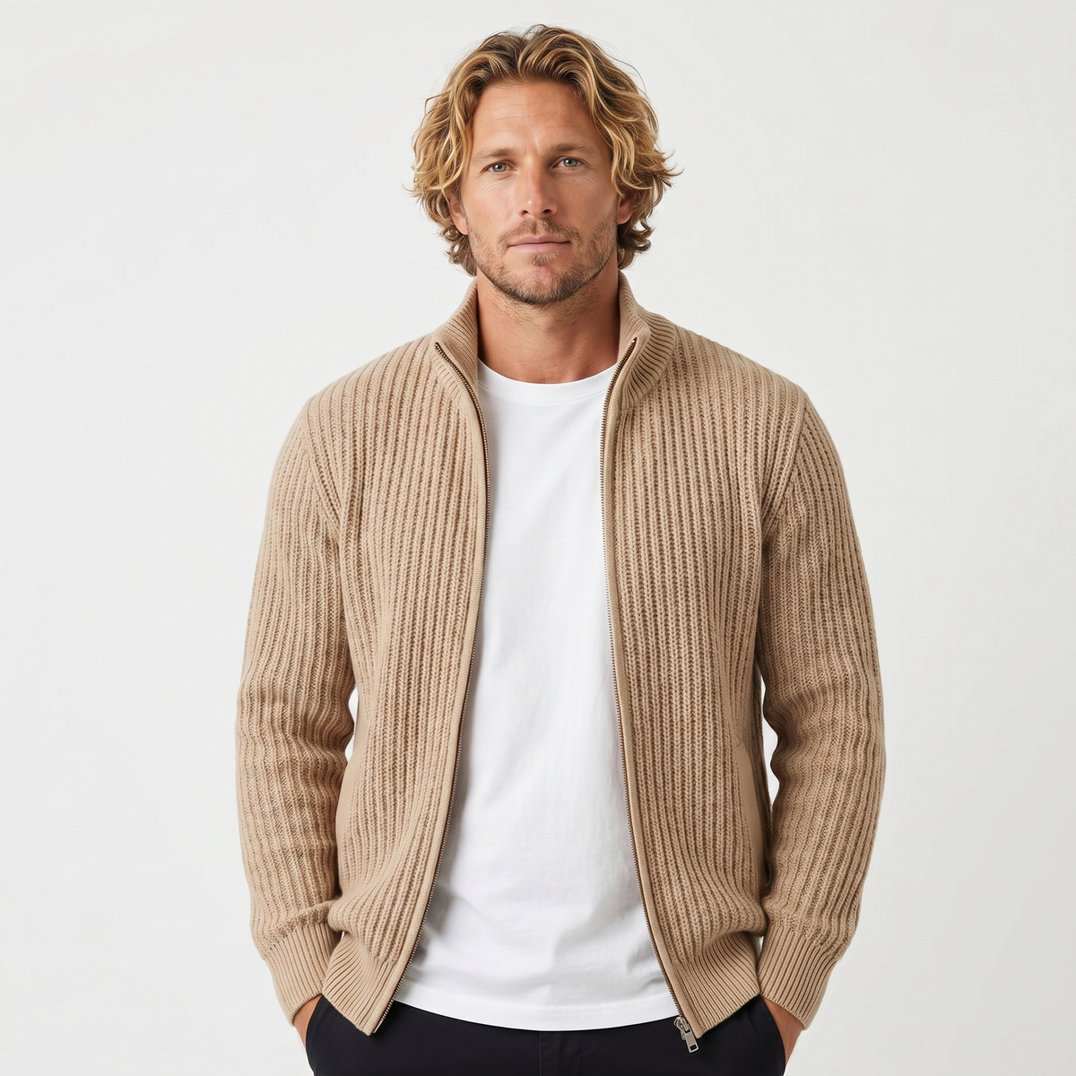 Men's Chunky Cardigan – Ribbed Zip-Up Funnel Neck Knit Jacket