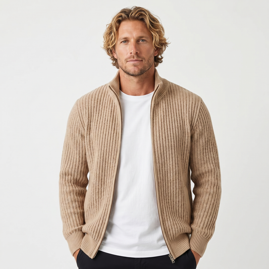 Men's Chunky Cardigan – Ribbed Zip-Up Funnel Neck Knit Jacket