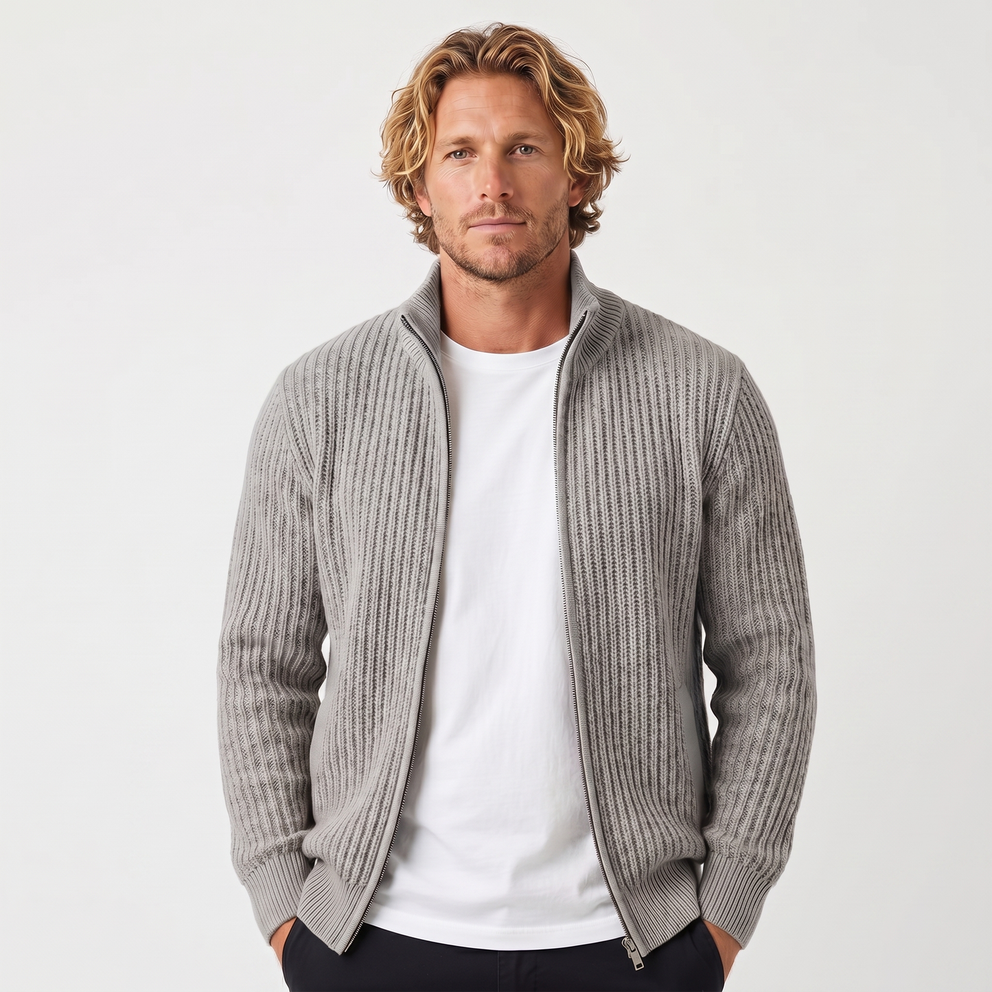 Men's Chunky Cardigan – Ribbed Zip-Up Funnel Neck Knit Jacket