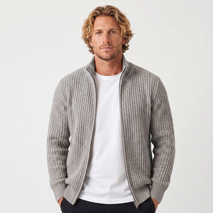 Men's Chunky Cardigan – Ribbed Zip-Up Funnel Neck Knit Jacket