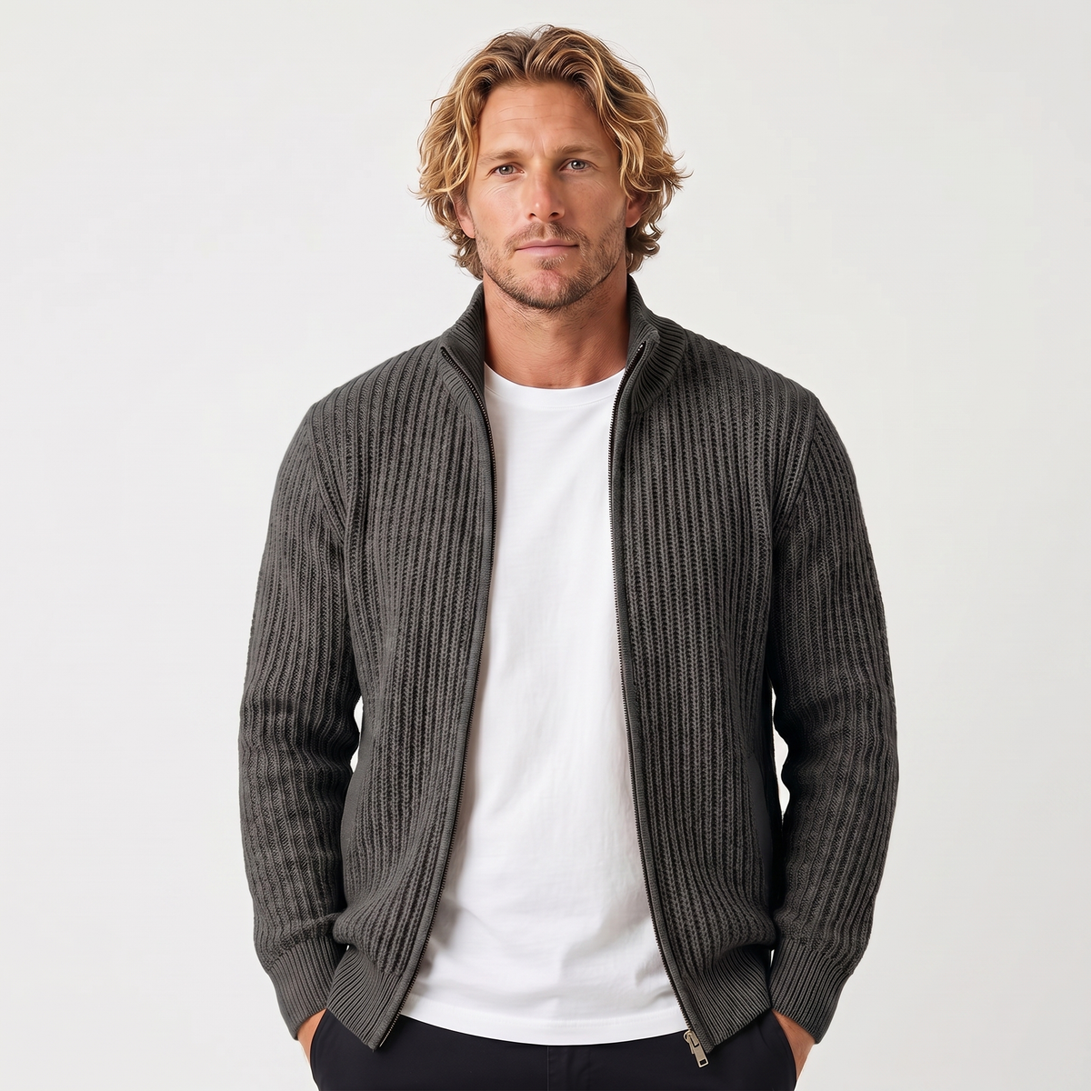 Men's Chunky Cardigan – Ribbed Zip-Up Funnel Neck Knit Jacket