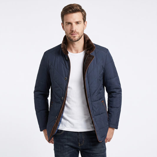 Men's Coat – Quilted Fur Collar Contrast Trim Button-Zip