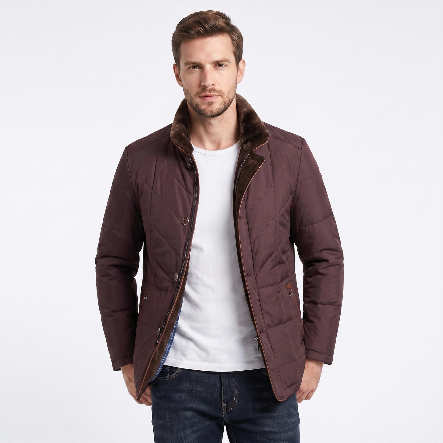 Men's Coat – Quilted Fur Collar Contrast Trim Button-Zip