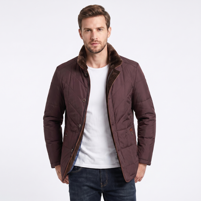 Men's Coat – Quilted Fur Collar Contrast Trim Button-Zip