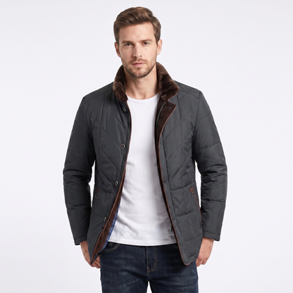 Men's Coat – Quilted Fur Collar Contrast Trim Button-Zip