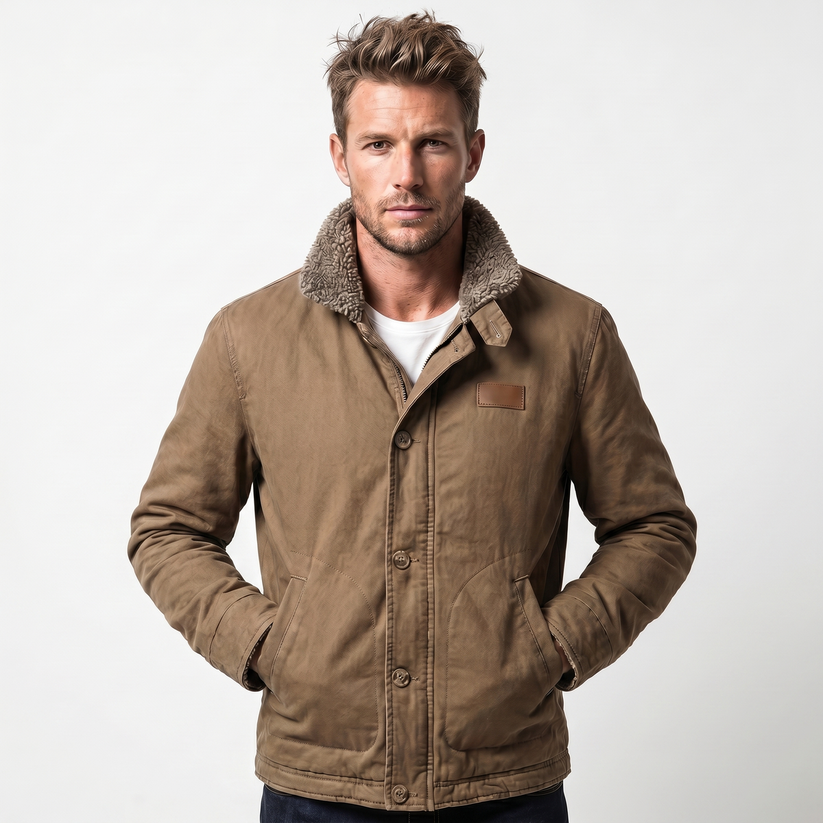 Men's Aviator Jacket – Canvas Shell Sherpa Collar Button-Zip