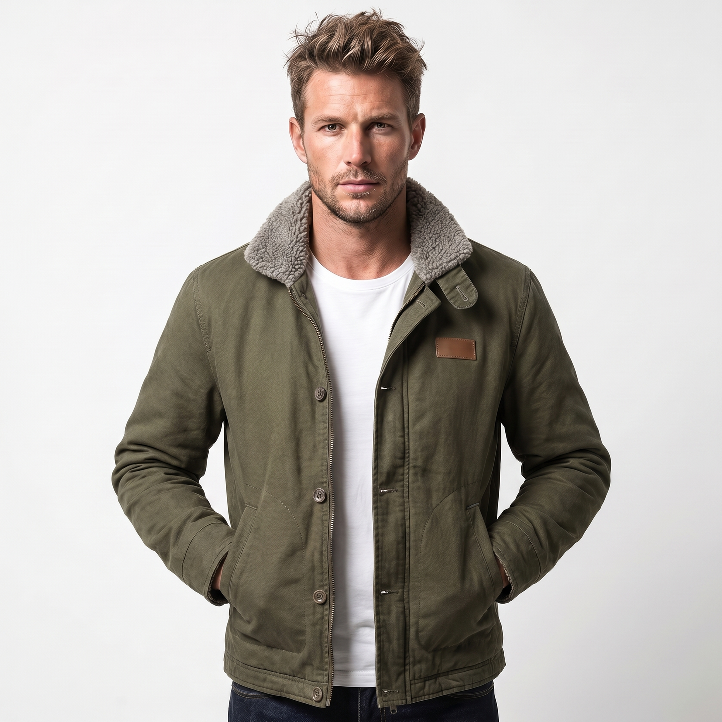 Men's Aviator Jacket – Canvas Shell Sherpa Collar Button-Zip