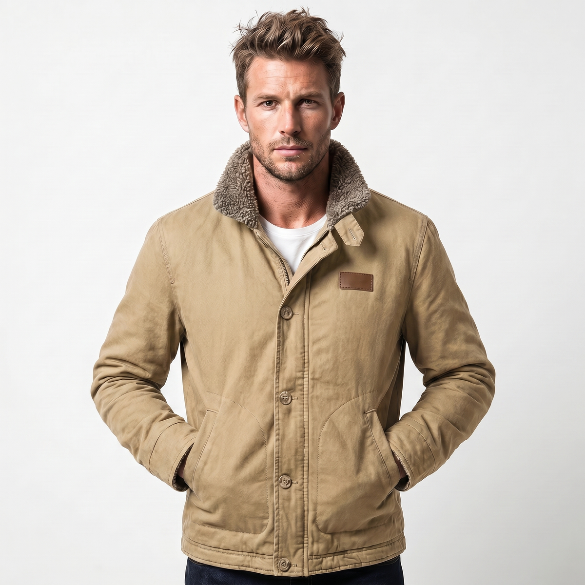 Men's Aviator Jacket – Canvas Shell Sherpa Collar Button-Zip