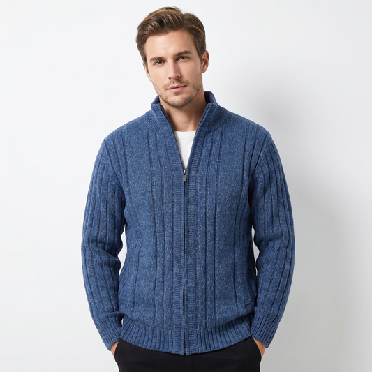 Men's Cable Knit Zip-Up Cardigan – Stand Collar Ribbed Hem