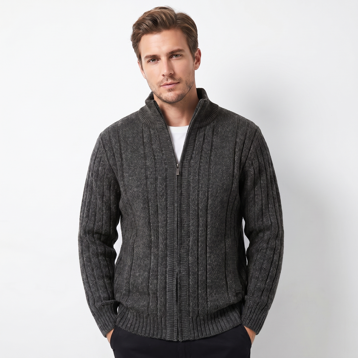 Men's Cable Knit Zip-Up Cardigan – Stand Collar Ribbed Hem