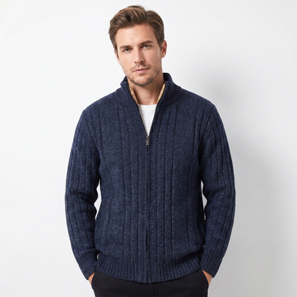 Men's Cable Knit Zip-Up Cardigan – Stand Collar Ribbed Hem