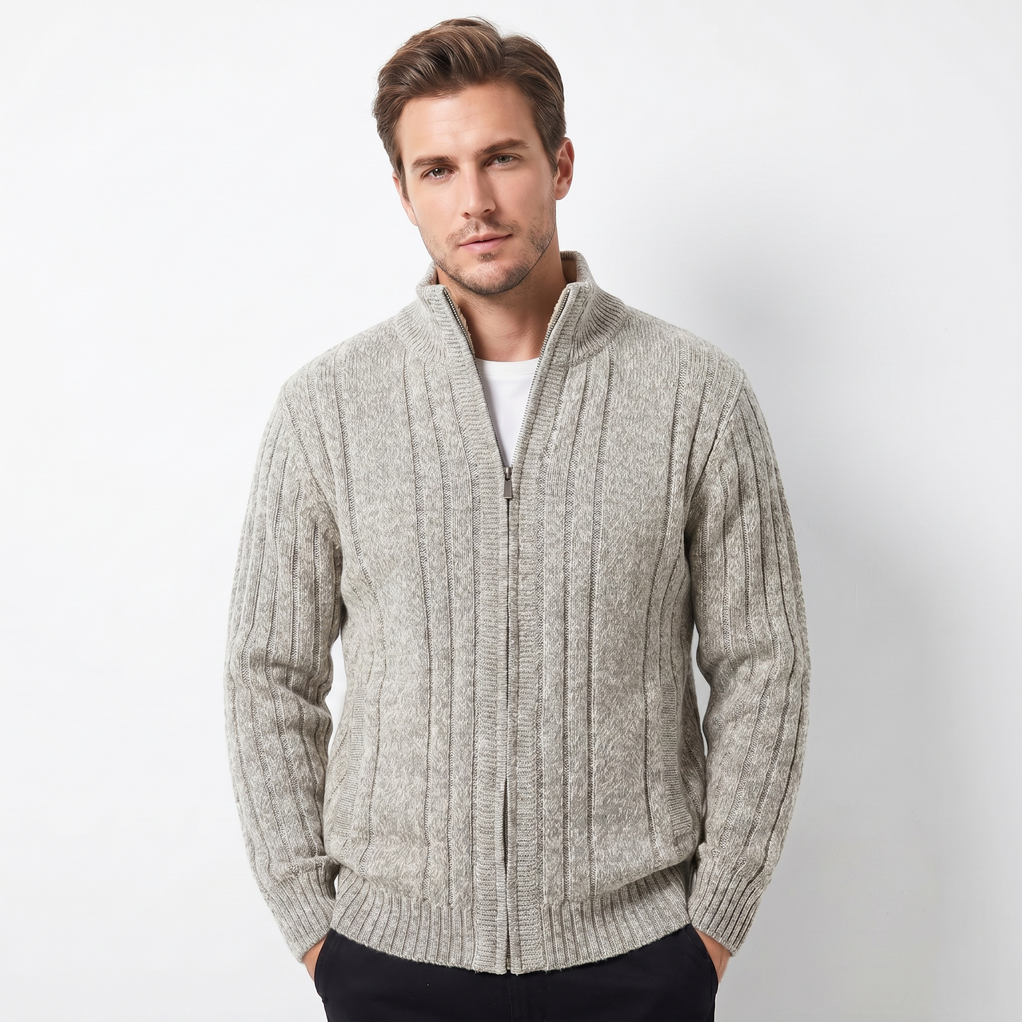 Men's Cable Knit Zip-Up Cardigan – Stand Collar Ribbed Hem