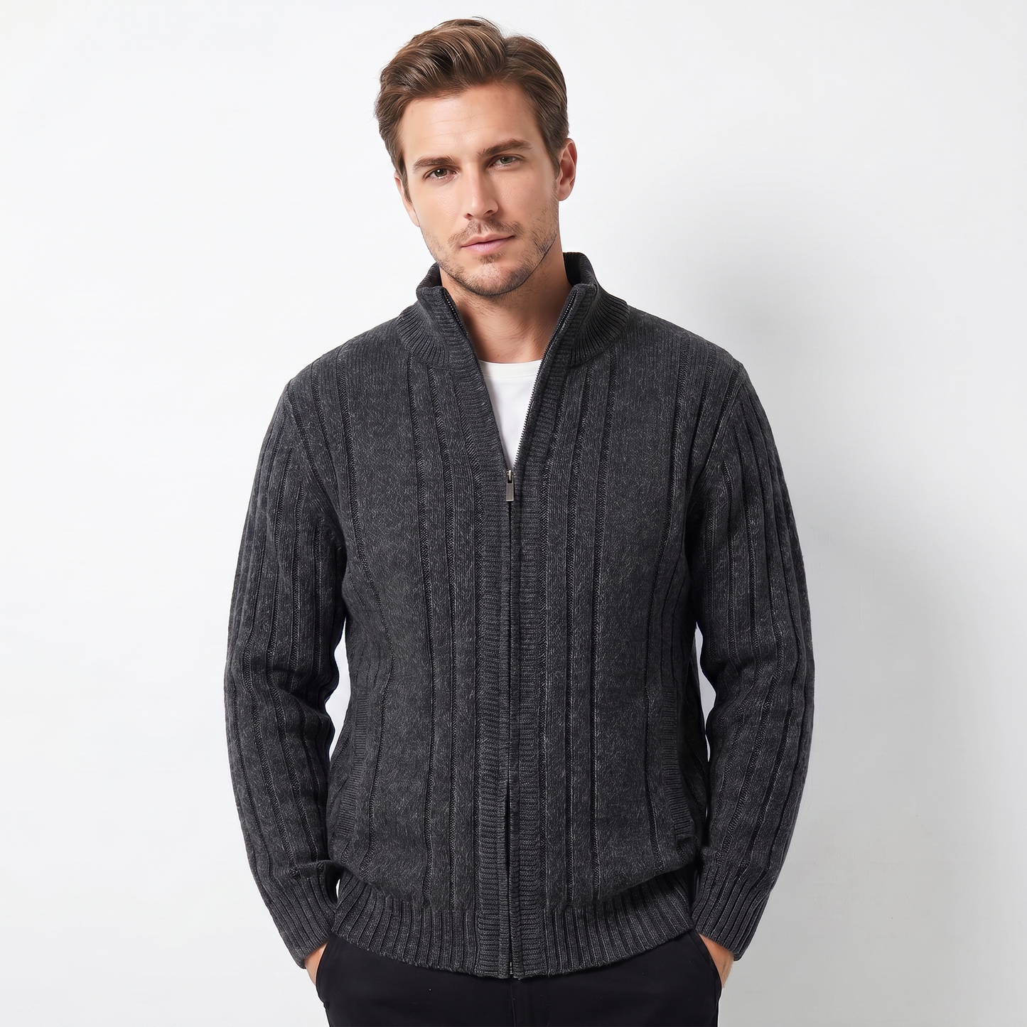 Men's Cable Knit Zip-Up Cardigan – Stand Collar Ribbed Hem