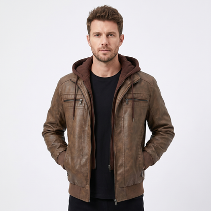 Men's Hooded Leather Jacket – Washed Bomber Zip Chest Pockets