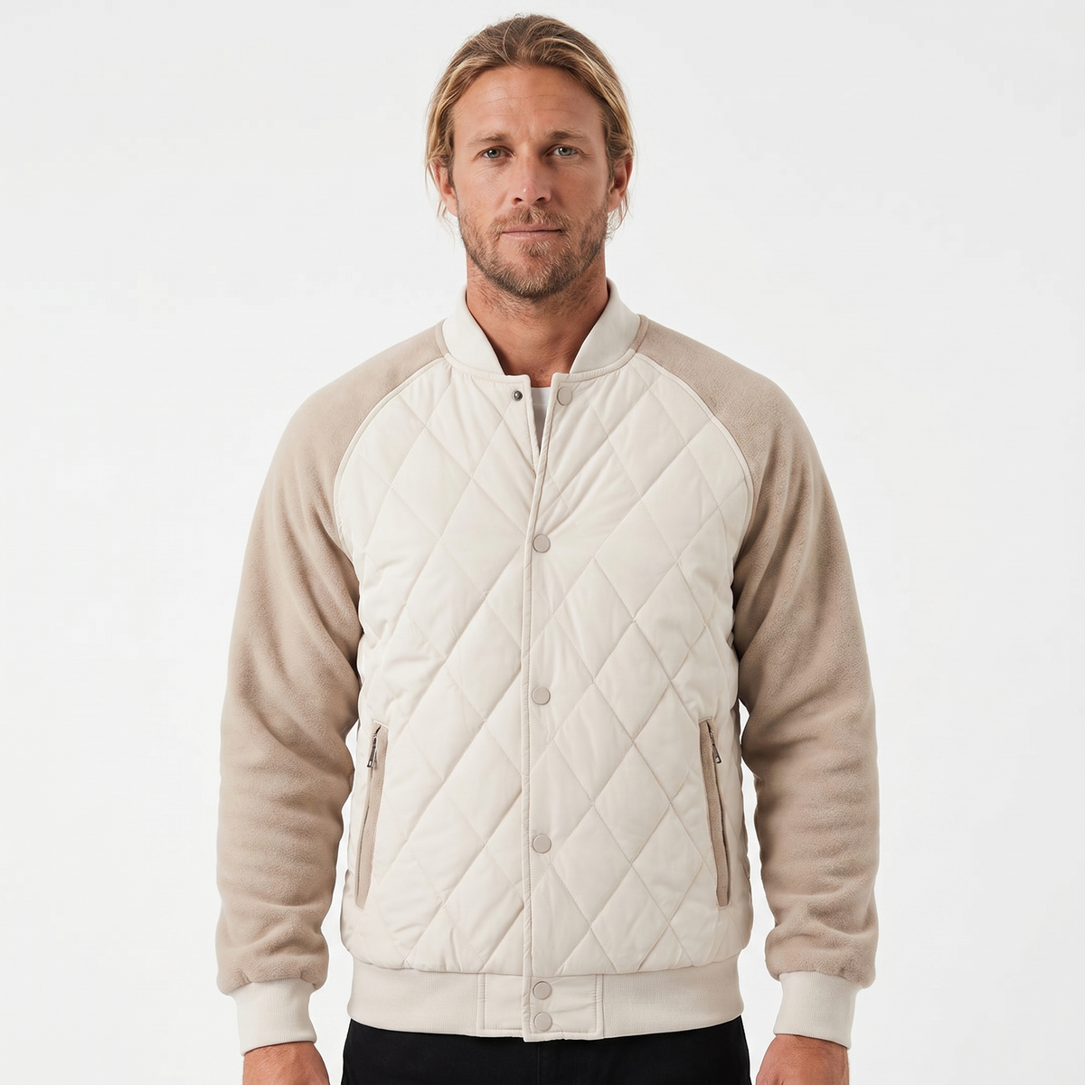 Men's Varsity Jacket – Quilted Body Fleece Sleeve Snap Button Bomber