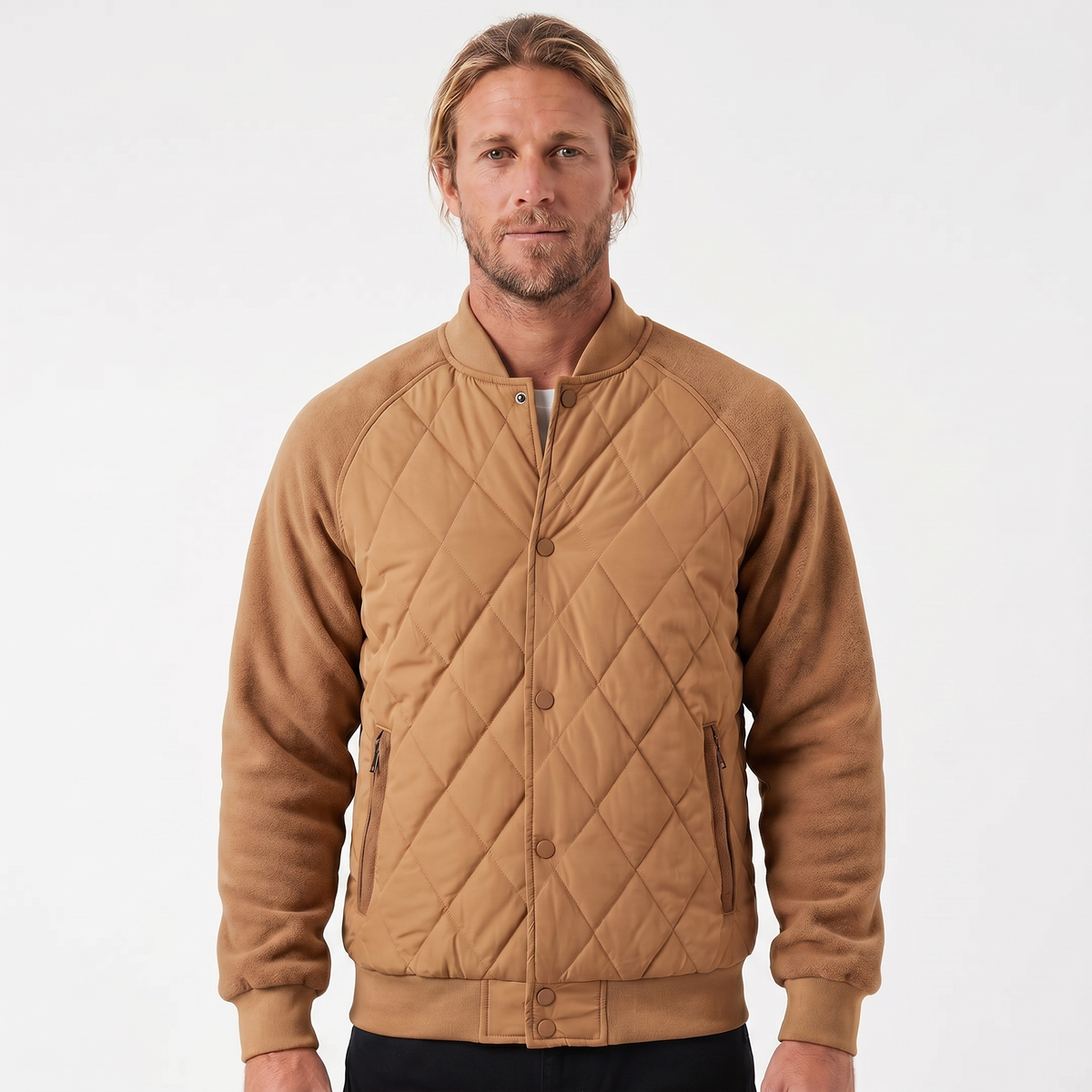 Men's Varsity Jacket – Quilted Body Fleece Sleeve Snap Button Bomber