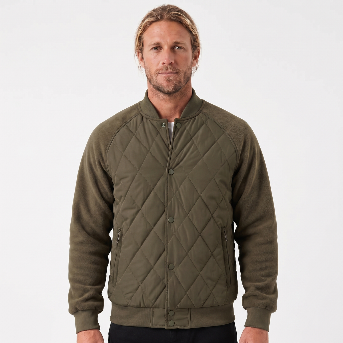 Men's Varsity Jacket – Quilted Body Fleece Sleeve Snap Button Bomber