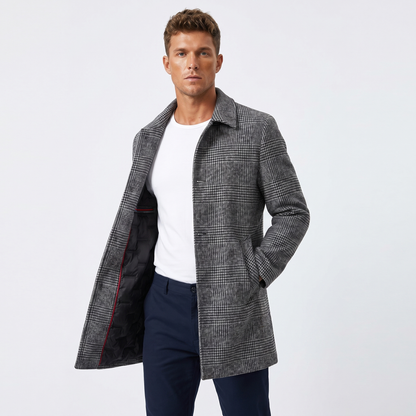 Men's Overcoat – Glen Plaid Single-Breasted Mid-Length Wool-Look