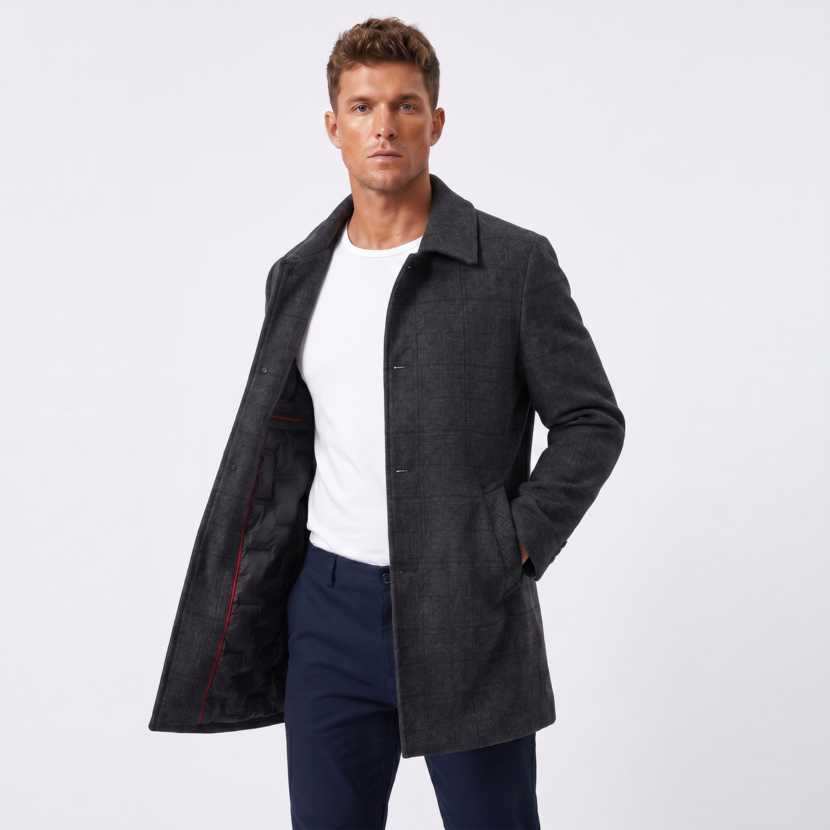 Men's Overcoat – Glen Plaid Single-Breasted Mid-Length Wool-Look