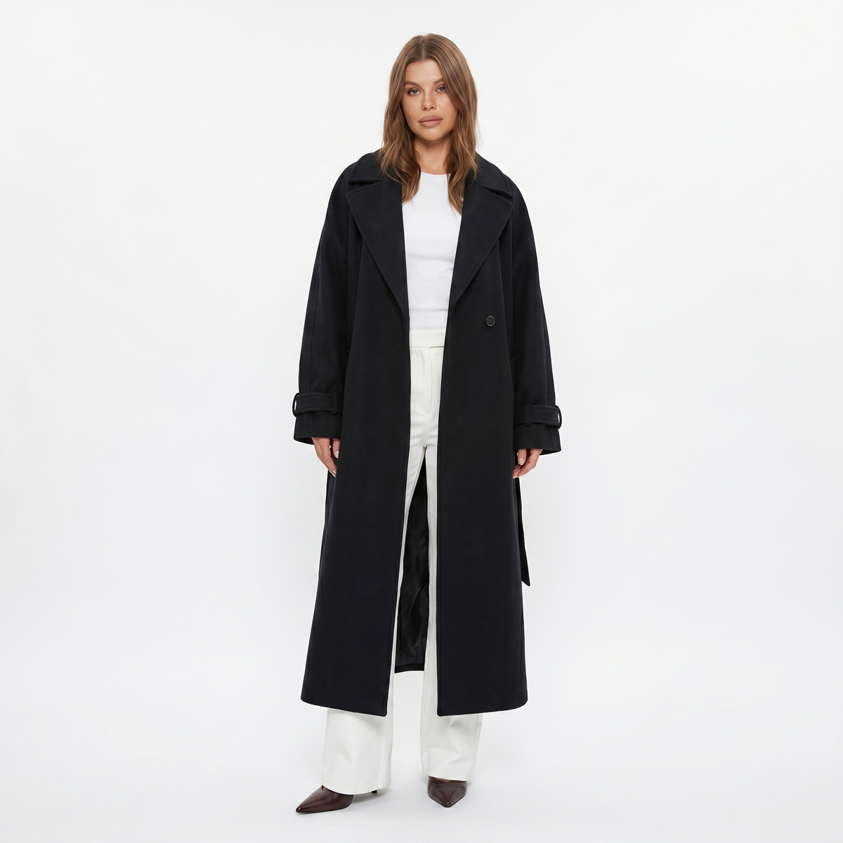 Women's Wool Long Coat – Oversized Maxi Notch Lapel Belted