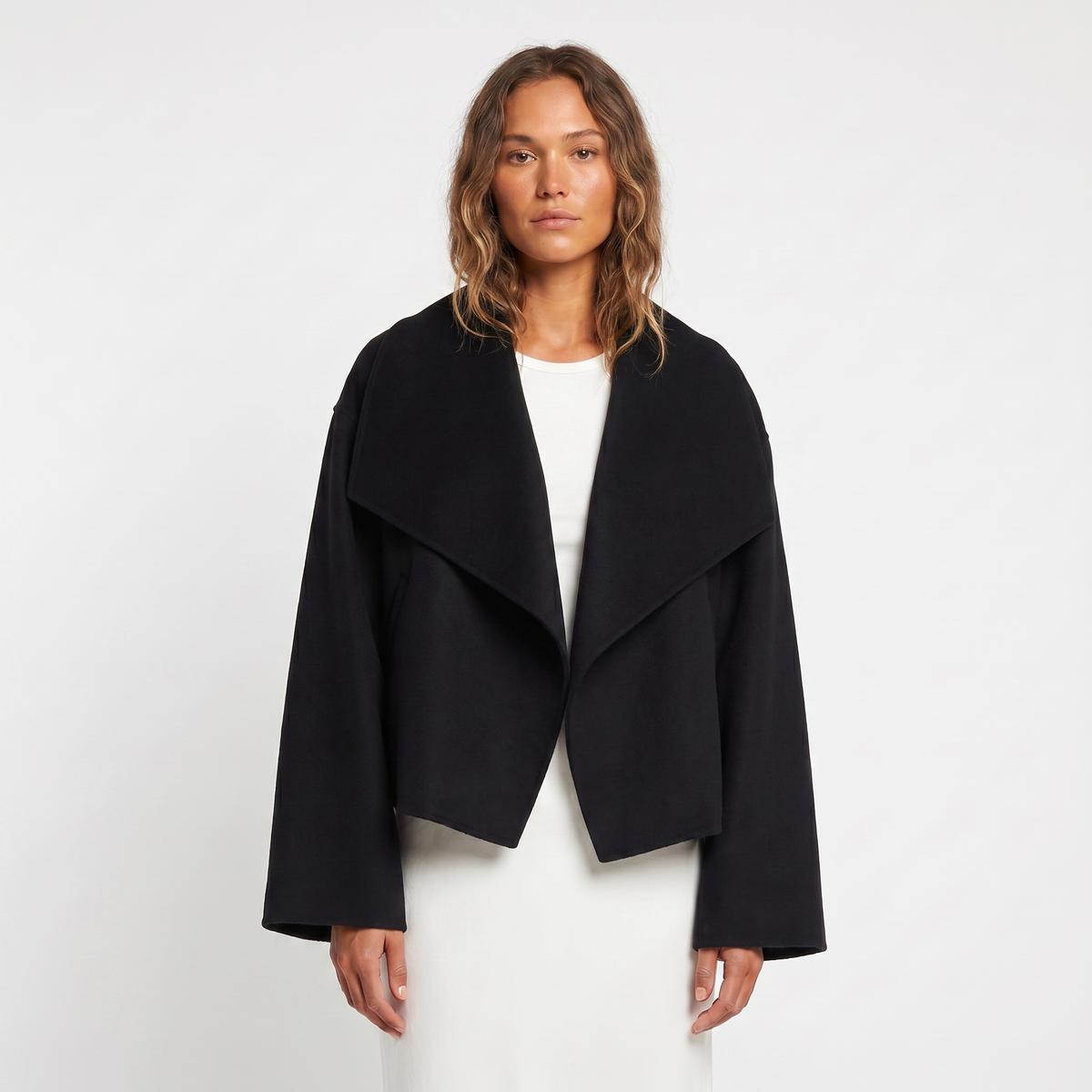 Women's Cropped Coat – Waterfall Lapel Wool-Look Boxy Open Front