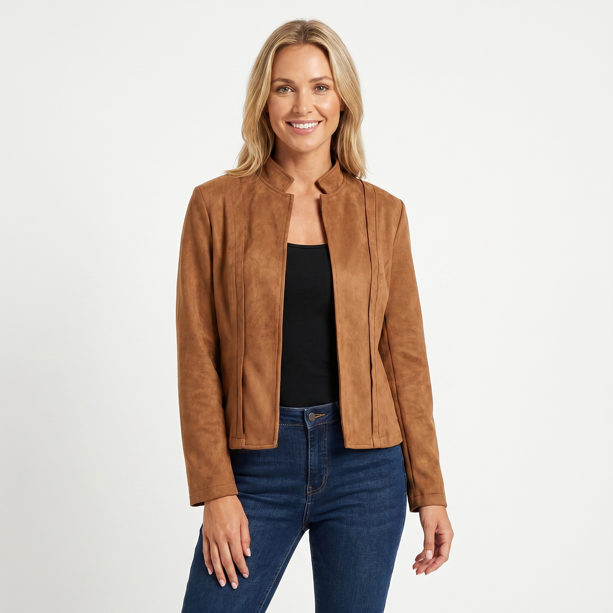 Women's Fitted Faux Suede Open-Front Jacket Hip-Length