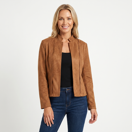 Women's Fitted Faux Suede Open-Front Jacket Hip-Length