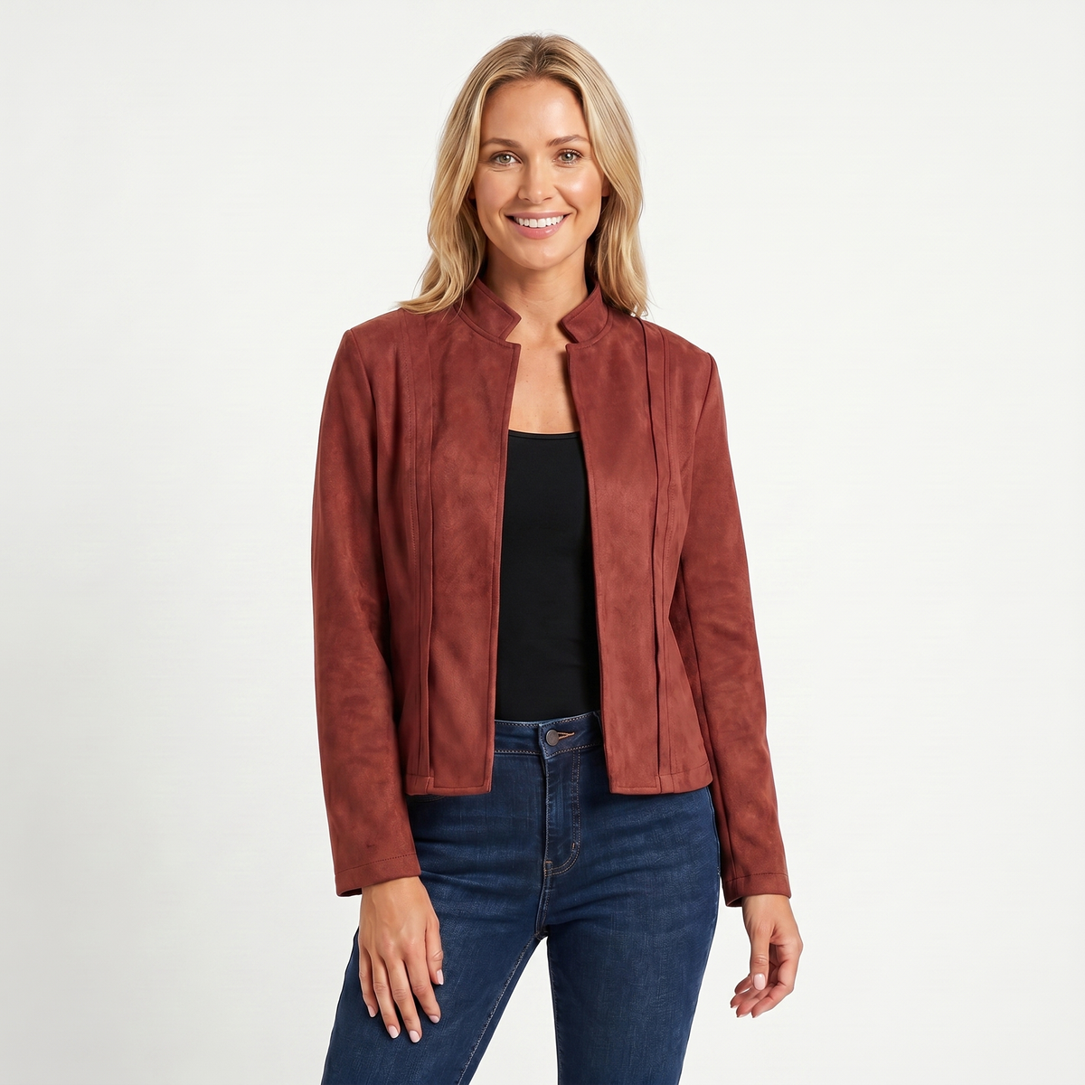 Women's Fitted Faux Suede Open-Front Jacket Hip-Length