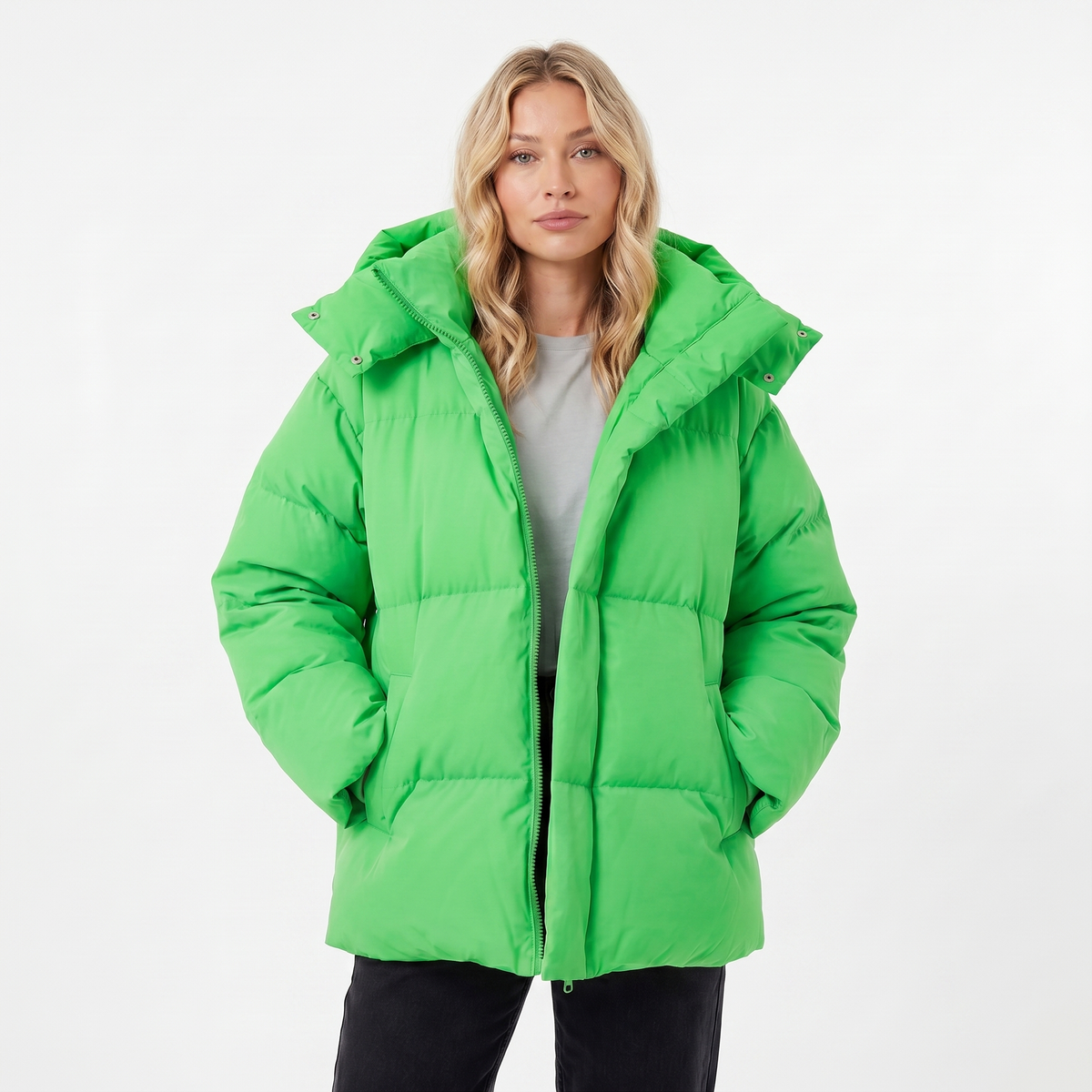 Women's Puffer Jacket – Oversized Hooded Baffle Channel Hip Length