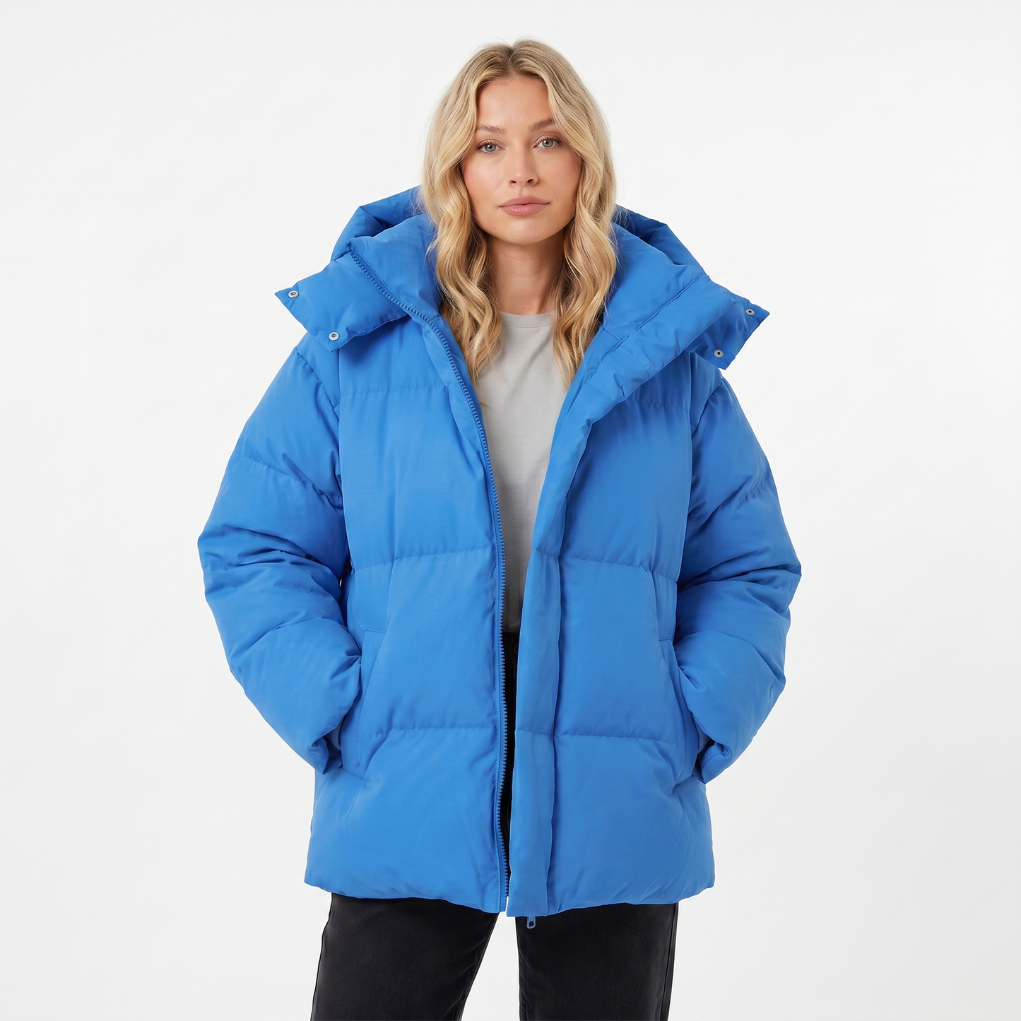 Women's Puffer Jacket – Oversized Hooded Baffle Channel Hip Length