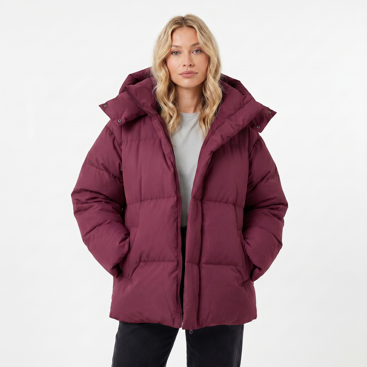 Women's Puffer Jacket – Oversized Hooded Baffle Channel Hip Length