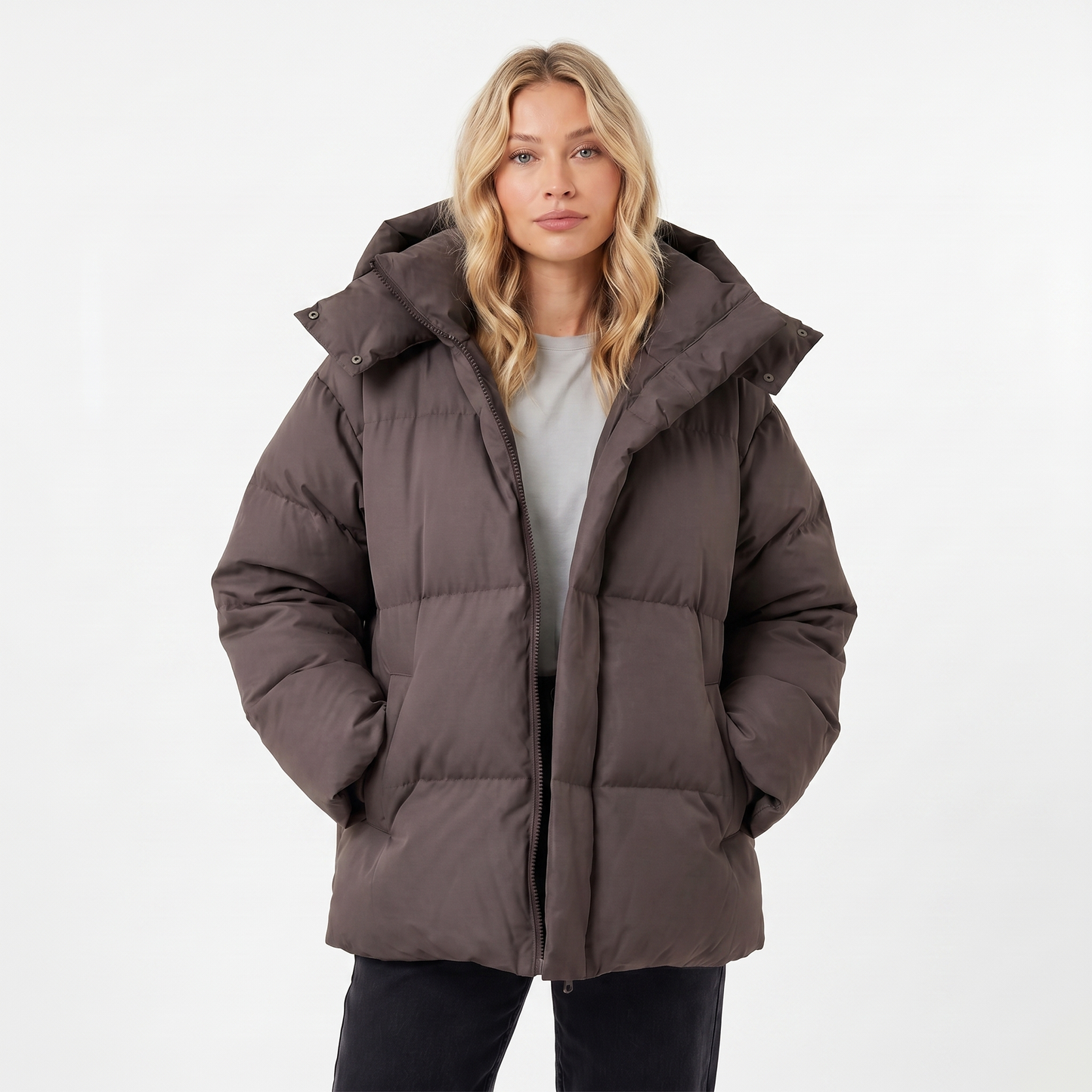 Women's Puffer Jacket – Oversized Hooded Baffle Channel Hip Length