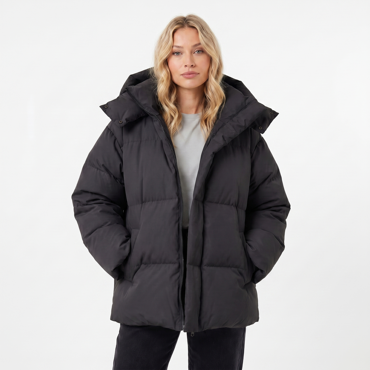 Women's Puffer Jacket – Oversized Hooded Baffle Channel Hip Length