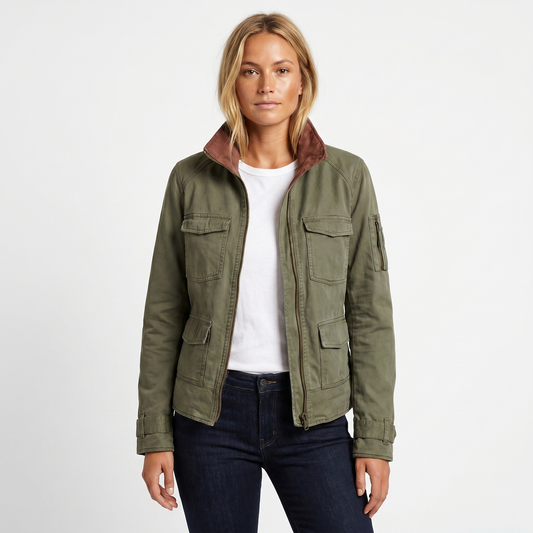 Women's Military Jacket – Four-Pocket Utility Zip Stand Collar Fitted