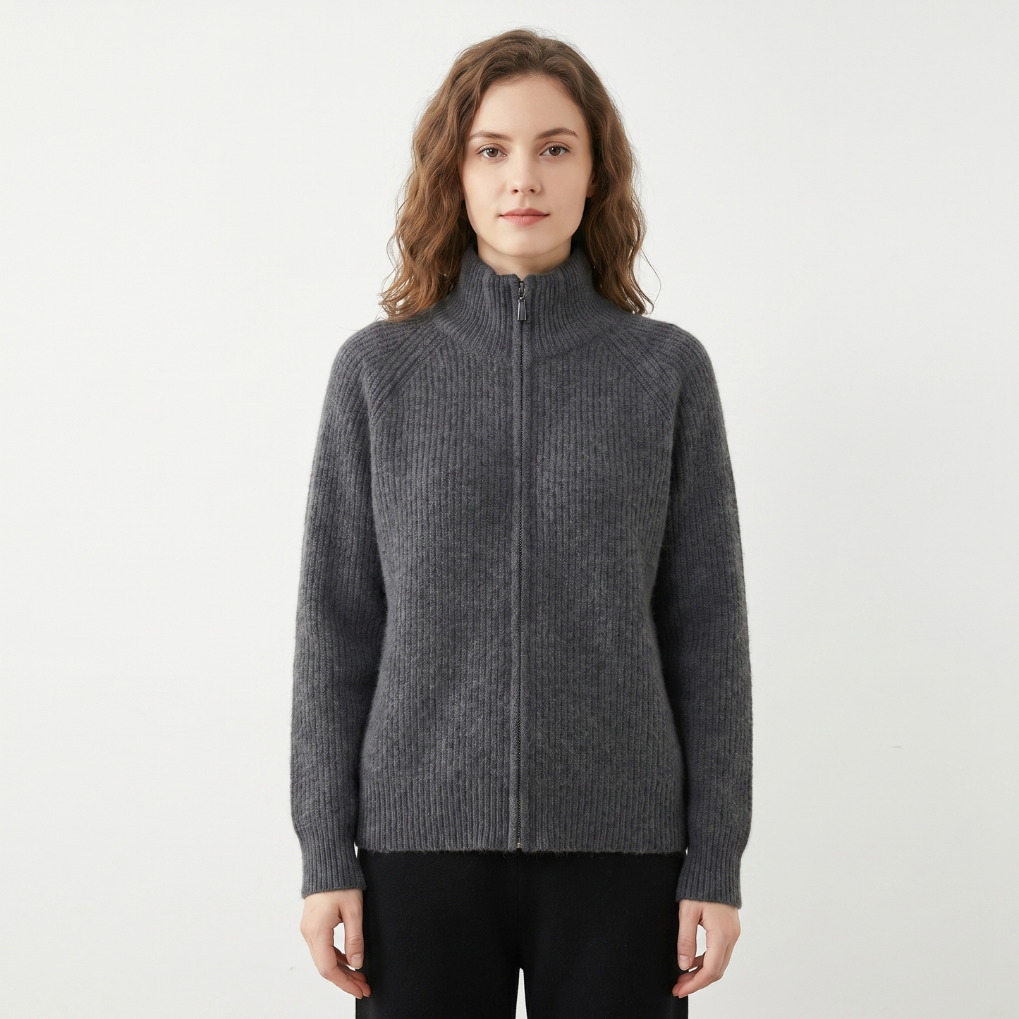 Women's Fluffy Cardigan – Ribbed Zip-Up Funnel Neck Knit Fitted