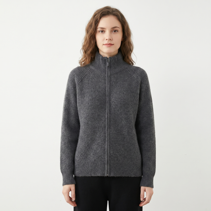 Women's Fluffy Cardigan – Ribbed Zip-Up Funnel Neck Knit Fitted