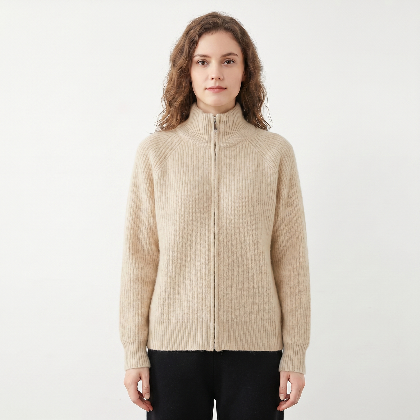 Women's Fluffy Cardigan – Ribbed Zip-Up Funnel Neck Knit Fitted
