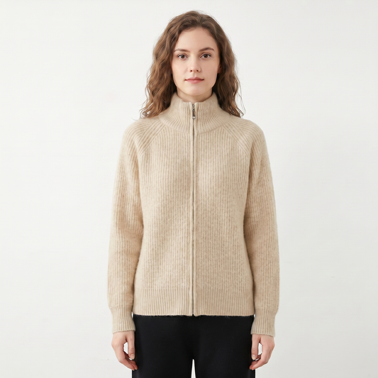 Women's Fluffy Cardigan – Ribbed Zip-Up Funnel Neck Knit Fitted