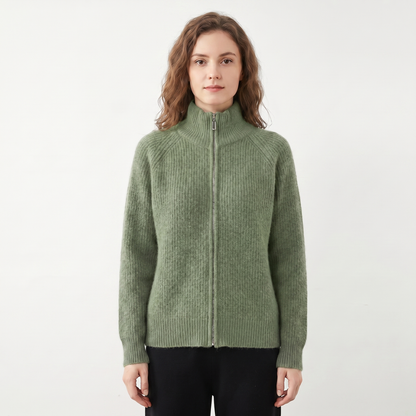 Women's Fluffy Cardigan – Ribbed Zip-Up Funnel Neck Knit Fitted