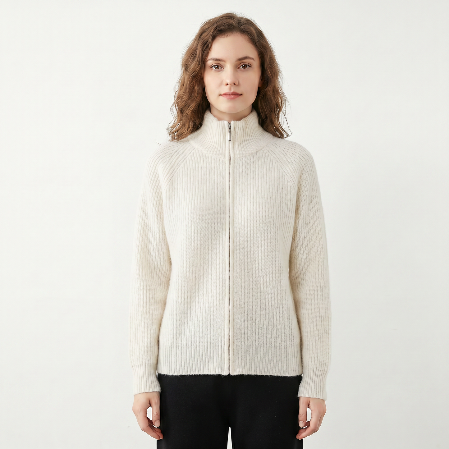 Women's Fluffy Cardigan – Ribbed Zip-Up Funnel Neck Knit Fitted