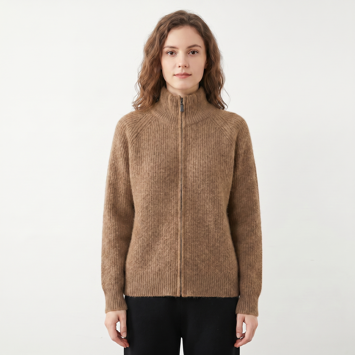 Women's Fluffy Cardigan – Ribbed Zip-Up Funnel Neck Knit Fitted
