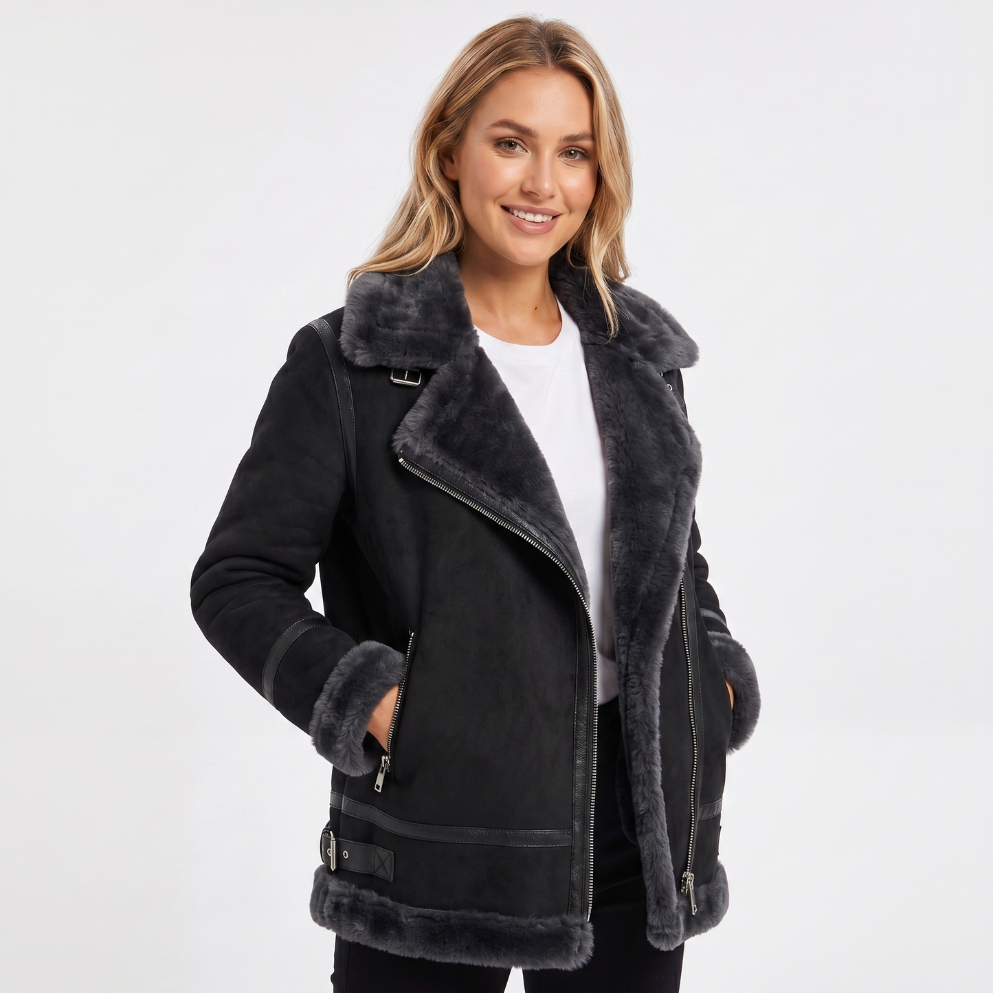 Women's Sherpa Jacket – Suede-Look Aviator Tonal Lined