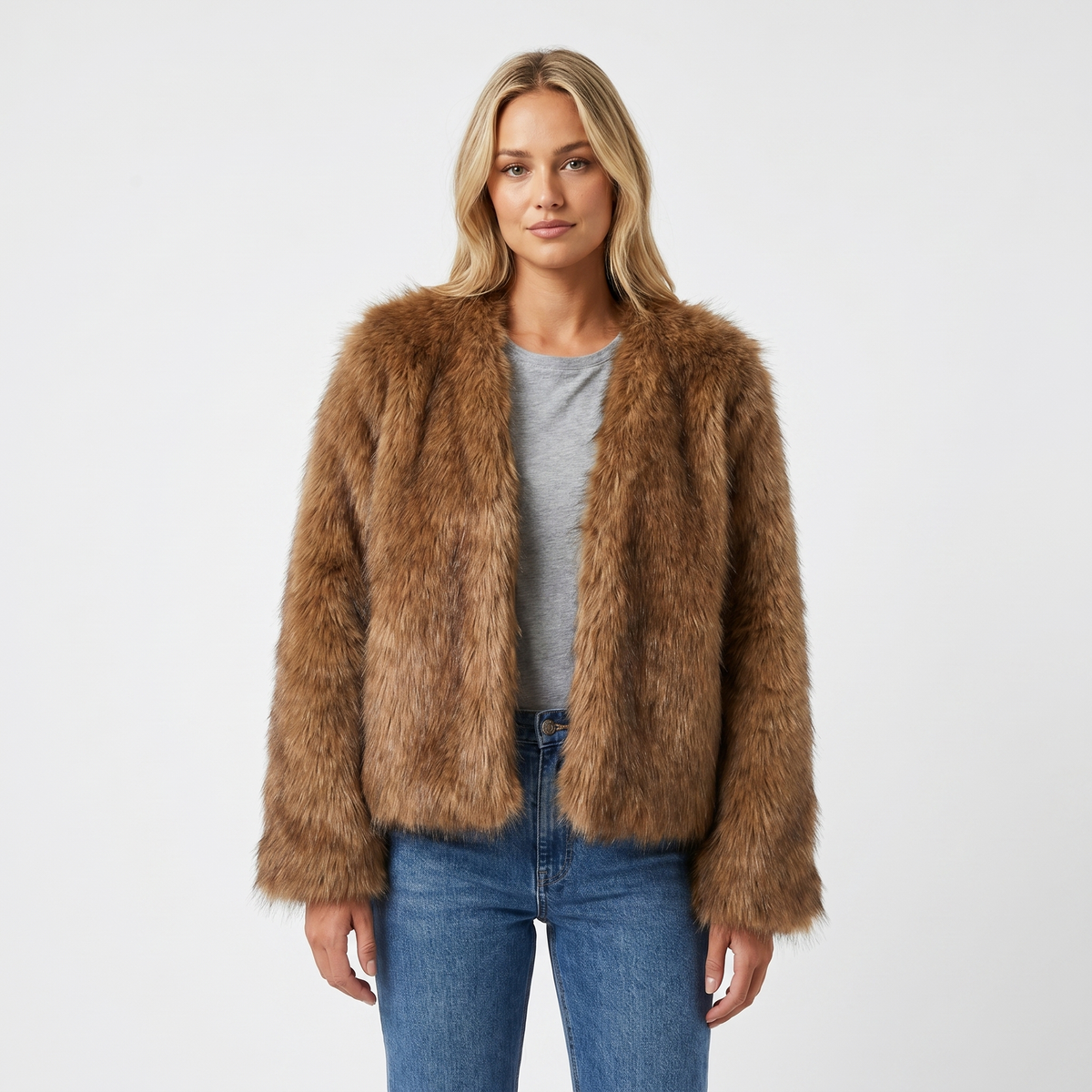 Women's Faux Fur Jacket – Open Front Collarless Shaggy Pile