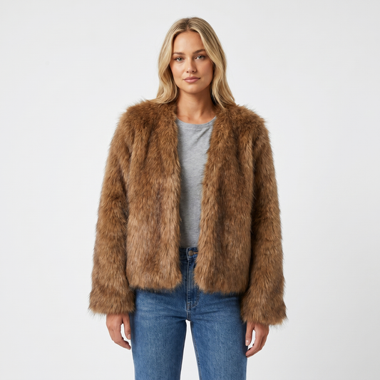 Women's Faux Fur Jacket – Open Front Collarless Shaggy Pile