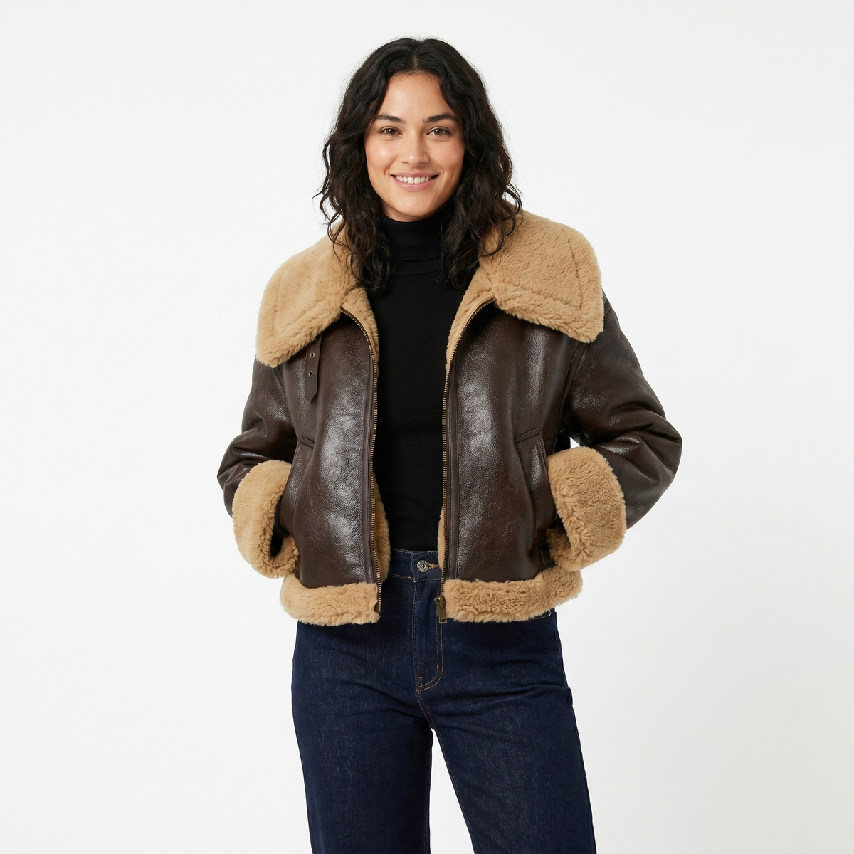 Women's Bomber Jacket – Leather-Look Shearling Trim Contrast Collar
