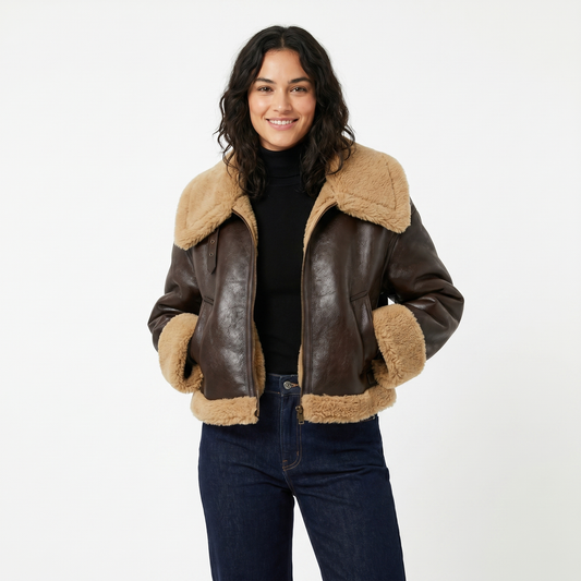 Women's Bomber Jacket – Leather-Look Shearling Trim Contrast Collar
