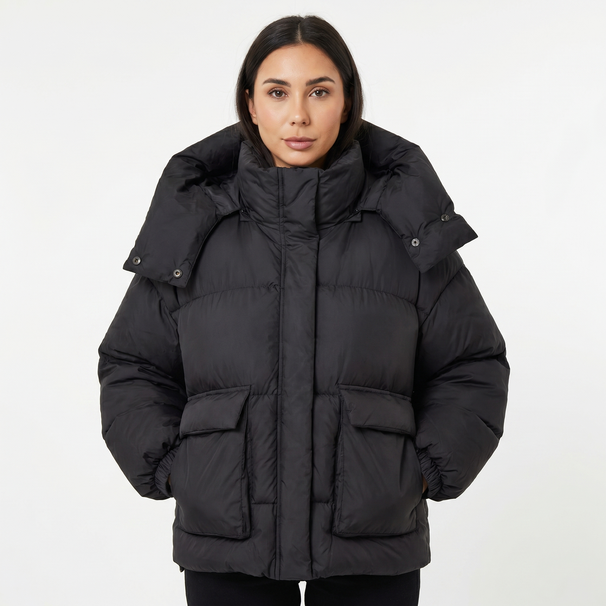 Women's Oversized Quilted Jacket – Hooded Puffer Flap Pockets