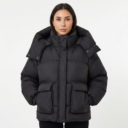 Women's Oversized Quilted Jacket – Hooded Puffer Flap Pockets