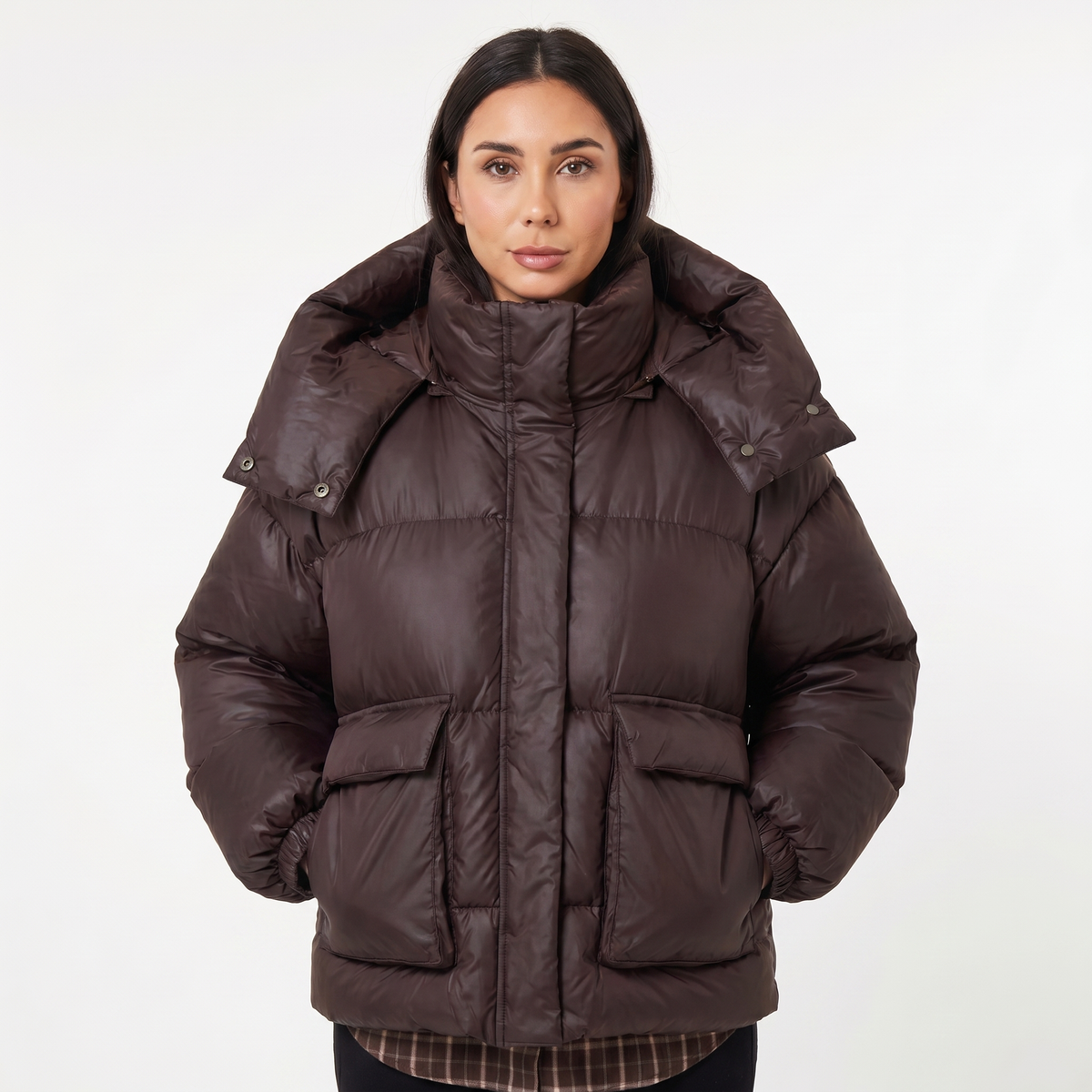 Women's Oversized Quilted Jacket – Hooded Puffer Flap Pockets